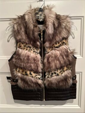 Guess Faux Fur Leopard Trim Brown & Tan Vest